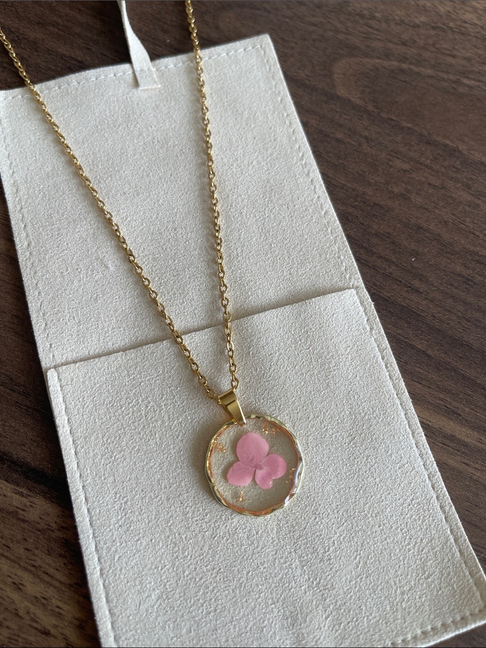 Gold Flower Pendant Necklace with Pink Accent
